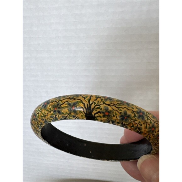 Vintage Set 2 Tree Of Life And 2 Birds Flowers Painted Wood Bangle Bracelets - Picture 5 of 16